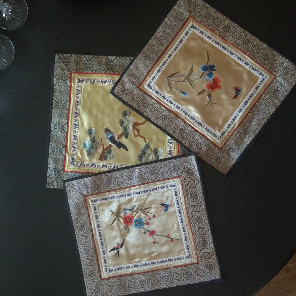 Set of 3 Vintage Silk Chinoiserie Tapestries Butterflies Birds Floral
